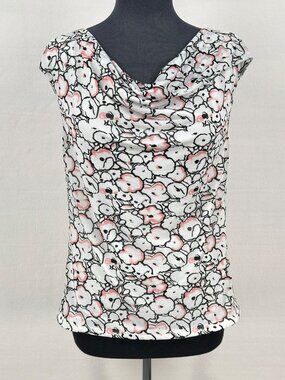 Ricki's Womens M Cowl Neck Sleeveless Floral Blouse White Pink Lined Work Top